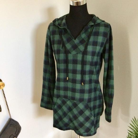 Simply Noelle Tops - Green Black Buffalo check Hoodie Long Tunic  XS